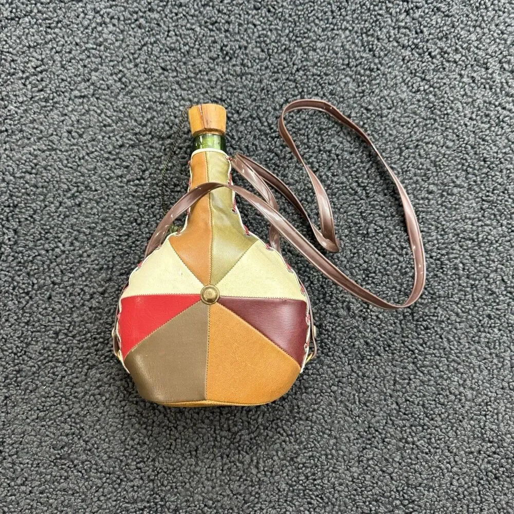 Vintage Patch Leather Wrapped Glass Bota Canteen Bottle 11” Wood Cork